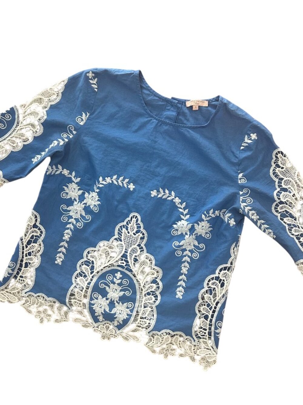 Saint Tropez West Boho Embroidered Applique Lace Peasant Blouse Size Small